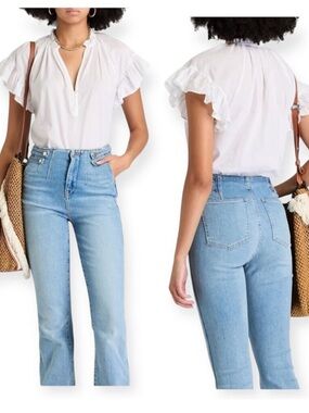Veronica Beard “Milly” White Ruffle-Sleeve V-Neck Buttoned Top